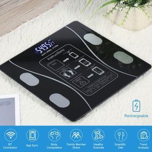 Balance connectée Bluetooth, Pèse-personne impédancemètre, Balance masse graisseuse, Pèse personne intelligent rechargeable, Analyseur corporel électronique, Balance fitness IMC, Tracker de poids smartphone, Balance verre trempé 180kg.