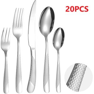20 Pièces Service De Couverts En Acier Inoxydable Argent Martelé Pour 4 Personnes - Cuillères Fourchettes Et Couteaux