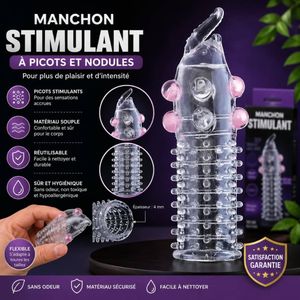 Manchon Stimulant Réutilisable à Picots et Nodules – Silicone Souple – Transparent