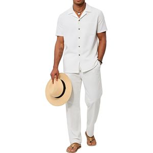 Kepokasn Ensemble 2 pièces pour homme : chemise boutonnée et pantalon décontracté ample – Blanc