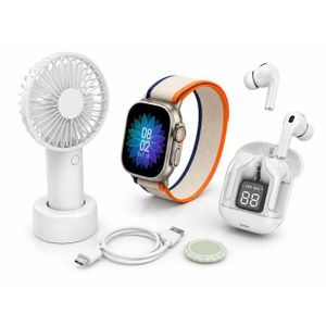 montre connectée, écouteurs sans fil et mini ventilateur