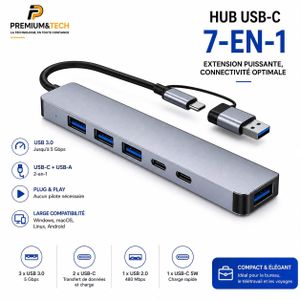 Hub USB-C et USB 3.0 Multi-Ports 7-en-1 - Station d'accueil Double Connecteur pour MacBook, PC Portable et Souris - Gris Sideral