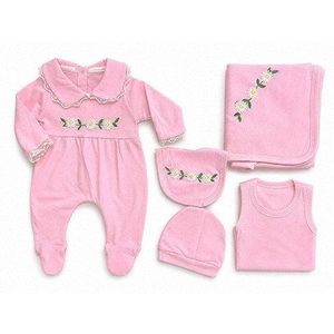 Kit de naissance fillette à pieds fermés – 9 pièces motif fleurs - Rose