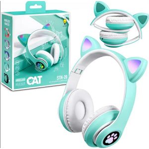 Casque Enfant STN-28 Vert - Casque Bluetooth - Casque Lumineux - Casque Oreilles Chat -Prend Carte Mémoire 