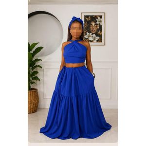 Mode Ensemble Femme Élégant Bleu – Top Croisé Dos Nu & Jupe Longue Fluide