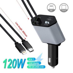 PREMIUM Chargeur Voiture 120W Charge Rapide HC-106 - 2 Cable Integré Type-C Et Iphone - Large Comptabilité IPhone Samsung Huawei Tecno Xiaomi Etc BG