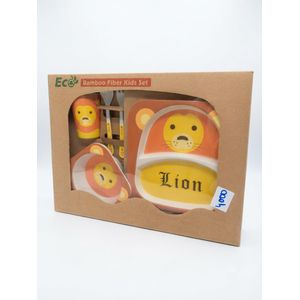 Set Repas Bébé Enfant 5 Pièces en Fibre de Bambou – Vaisselle Enfant Motif Lion avec Assiette, Bol, Tasse, Cuillère et Fourchette – Kit Repas Bébé et Enfant