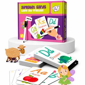 Alphabet Flash Cards pour Enfants 3-6 Ans – 26 Cartes de Traçage Réutilisables avec Feutre Effaçable – Lettres Majuscules et Minuscules, Apprentissage de l'Écriture et de l'Alphabet