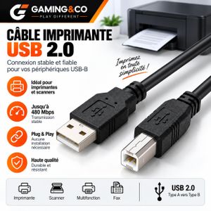 Câble Imprimante USB 2.0 - Connecteur Type A Vers Type B - Cordon Haute Vitesse 480 Mbps Pour Scanner, Multifonction & Fax