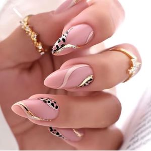 Faux Ongles Amande Nude Motif Leopard Dore - 24 Pieces