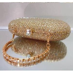 Sac à main ou sac de soirée Femme Strass Brillants : Pochette Dorée avec Chaîne Amovible.