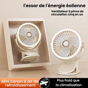 Ventilateur à Pince Portable 5-en-1,3 Vitesses de Vent,3 Modes de Veilleuse,Rechargeable Type-C,Fixation Pince/Support/Suspension pour Maison, Bureau & Camping