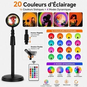Lampe Projecteur Coucher de Soleil LED – Sunset Lamp Ambiance Vidéo TikTok et Instagram – Veilleuse Projecteur Arc-en-Ciel Réglable Alimenté par USB avec Rotation et Lentille Cristal pour Chambre, Salon et Shooting Photo