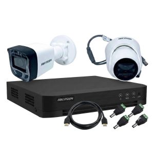 Hikvision Pack Vidéosurveillance Complet 2MP Full HD : DVR 4 ports + 2 Caméras Mixtes Analogiques (1 Dôme/1 Bullet) - Étanche IP67, Vision Nocturne - Câble HDMI & 4 Connecteurs d'Alimentation DC Offerts - SANS CABLES ET SANS DISQUE DUR