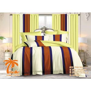 Belle Parure de lit 6 pièces B-598AB motif rayures verticales jaune crème orange violet, 2 draps 240×260cm + 2 taies 60×80cm + 2 rideaux 150×220cm, microfibre déco chambre complète