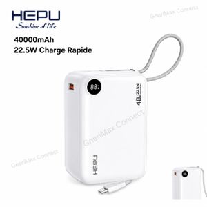 Hepu PowerBank HP-A20 40000mAh - Charge Super Rapide 22.5W - 2 Câbles Intégrés, Ports USB & Type-C - Blanc