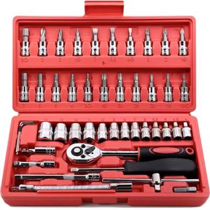 VEOUNDK Kit de Douilles 46 Pièces, Clé à Cliquet 1/4", Ensemble d'Outils de Réparation pour Auto, Vélo, Moto et Usage Domestique