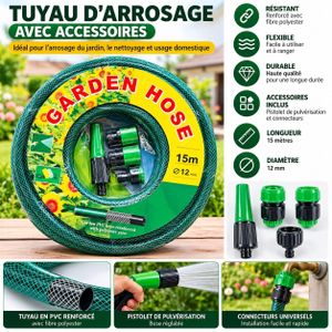 Tuyau d’Arrosage 15M Renforcé avec Pistolet de Pulvérisation et Raccords – Ø 12 mm