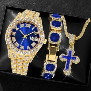 Ensemble de Bijoux Cadeau Luxe 3-en-1 pour Hommes – Montre Cadran Bleu + Bracelet Pierre Bleue + Collier Croix Or