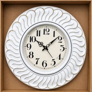 Horloge Murale Vintage Décorative – Grande Horloge Ronde Blanc Antique et Doré – Cadran à Grands Chiffres – Décoration Élégante pour Salon, Chambre, Bureau et Maison