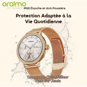 Oraimo Watch Muse 2 Montre Connectée Appel HD Ecran AMOLED 1,32 Saumon - Montre Femme Design Diamant - Suivie Santé Et Loisir - 2 Bracelets