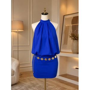 Mode Ensemble Femme Élégant Bleu Royal – Haut Plissé Sans Manches & Jupe Courte 