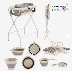 Magnifique  ensemble  6pieces Baignoire pliable de bain pour bébé,  baignoire pliable  avec thermomètre pour laver bébé couleur grise 