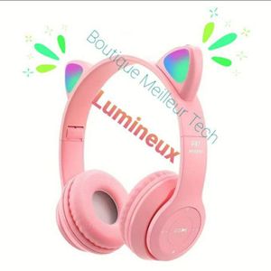 PREMIUM Casque Enfant P47 Rose, Casque Bluetooth, Casque Lumineux - Casque Oreilles Chat