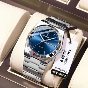 POEDAGAR Montre Homme Luxe Acier Inoxydable – Cadran Bleu Élégant – Quartz Précis – Double Date – Étanche 30M
