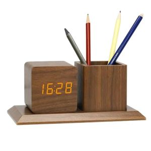 Horloge Numérique en Bois avec Pot à Crayons – Organisateur de Bureau