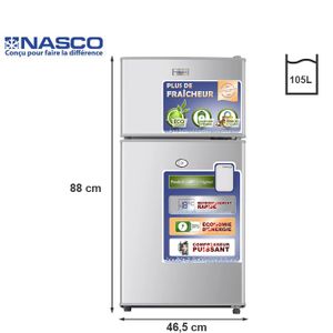 Nasco Refrigérateur 2 battants - Knasf2-115 – 105 Lt (59Lt+46Lt) - Avec Cle - Argent - Garantie 12 Mois