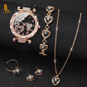 BoutiqQila Lot 6 Pièces Ensemble Montre et Bijoux Femme, Strass Cœur, Bracelet Simili-cuir