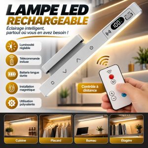 Lampe LED Rechargeable 29cm avec Télécommande, Écran LED Batterie, 5 Températures de Couleur, Luminosité Réglable, Fixation Magnétique Sans Perçage, Recharge USB-C
