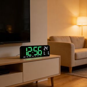 Grande Horloge Murale Digitale LED GH0707 - Écran Panoramique Lumineux Bleu - Affichage Température, Date Complète Et Jours De La Semaine - Double Réveil Électronique