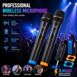 Deux microphones dynamiques sans fil portables, système audio professionnel pour une utilisation à domicile et en extérieur.