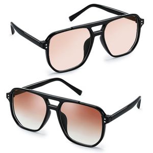 Lot de 2 paires de lunettes de soleil « Double Bridge » pour homme et femme, modèle aviateur avec protection UV, couleurs marron uni et marron dégradé, idéales pour la conduite, la plage et les voyages