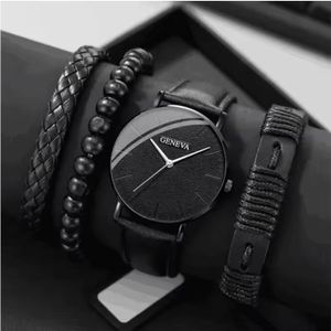 Ensemble de 4 pièces pour homme : montre-bracelet à quartz et bracelet à perles