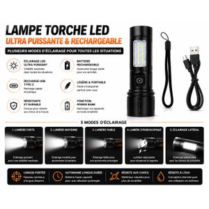 Article Lampe Torche LED Rechargeable Multifonction – Recharge USB Type-C – Éclairage Latéral COB – Fonction Power   Bank
