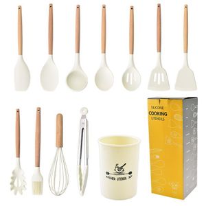 TodyJeyHo Coffret 12 ustensiles de cuisine, silicone résistant à la chaleur 446°F (230°C), set d’ustensiles en bois non toxique, accessoires de cuisine pour casseroles antiadhésives, blanc.