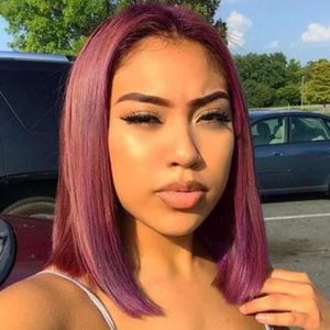 22 pouces Perruque Bob Rouge Vin à Dentelle Avant pour Femmes Perruque Cheveux Courts Ligne de Cheveux Invisible Texture Mat