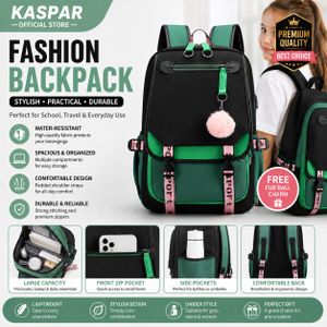 Sac à dos 17 pouces mignon et grande capacité – Avec port USB, cartable en toile imperméable, sac à dos tendance style japonais – Vert