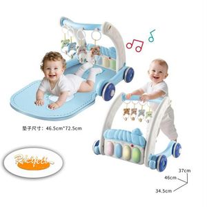 Trotteur Bébé Multifonctionnel 2-en-1 avec Tapis d'Éveil, Arche d'Activités, Piano à Pied et Couverture de Fitness, Tapis de Jeu Portable Non Toxique - Bleu