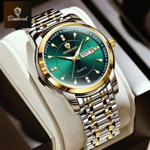 BINBOND B8879 Fashion Business Men Quartz Wristwatch Luxury Stainless Steel Waterproof Mens Watch Luminous Male Watches Original Clock-Green