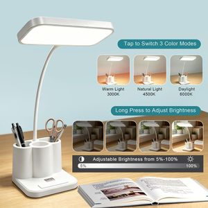Lampe de bureau multifonctionnelle avec porte-stylo, 3 températures de couleur, intensité réglable, rechargeable et branchable, éclairage LED respectueux des yeux pour les étudiants