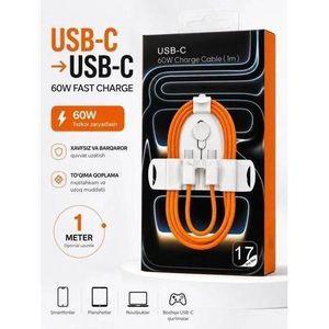 Câble De Charge Rapide USB-C Vers USB-C Tressé - 60W - 1 Mètre - Orange - Compatible iPhone