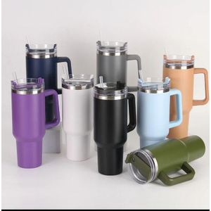 Gobelet Isotherme 40oz / 1.2L avec Poignée & Paille - Tumbler Acier Inox Double Paroi - Plusieurs Couleurs - Café & Voyage