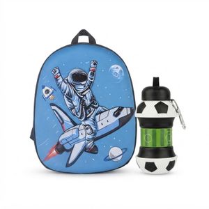 Sac à Dos Enfant - 3D Astronaute Espace + Gourde Pliable Rétractable Motif Football - Kit Scolaire Enfant moins de 7 ans