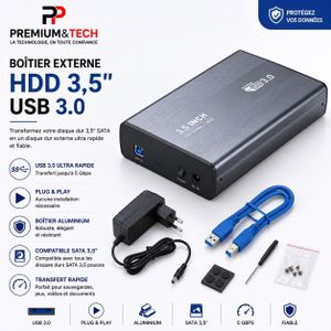 Boîtier Externe Disque Dur HDD 3,5" SATA – Interface USB 3.0 Ultra Rapide 5 Gbps en Aluminium