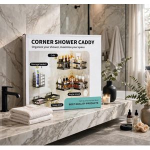 CORNER SHOWER CADDY 5-EN-1 - Le Kit Salle de Bain Qui Range TOUT Sans Percer Le Mur !