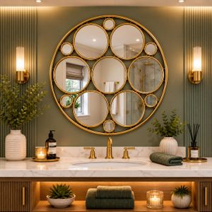 Miroir Mural Rond Doré Décoratif – Grand Miroir Moderne à Cercles Géométriques pour Salon, Chambre, Entrée et Salle de Bain